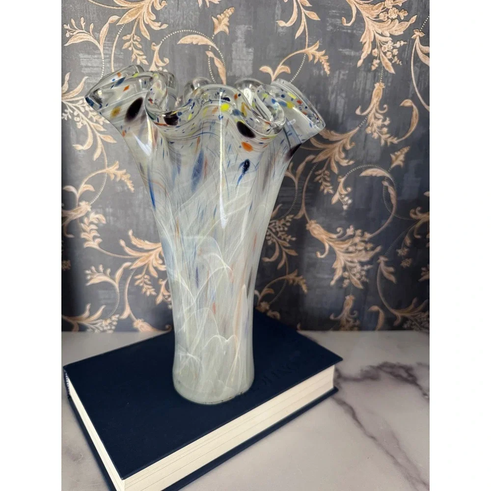 Hand Blown Art Glass Handkerchief Vase White Blue Swirl Confetti Ruffled 10.5